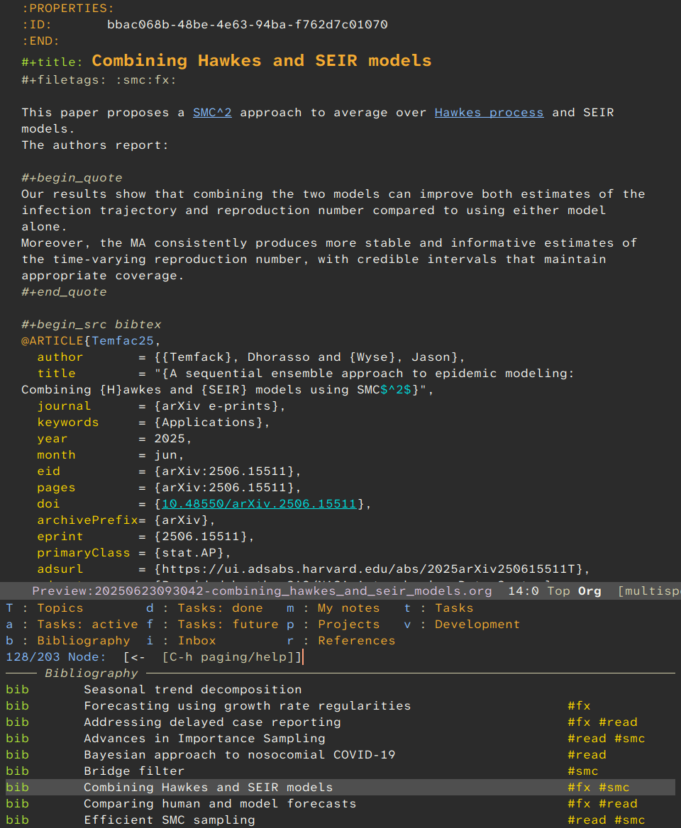 Searching my org-roam notes with my org-roam-boxes consult function. The candidate list shows my bibliography notes (the bib group, left column) with tags (right column), and the candidate groups with their narrowing prefixes are visible above.